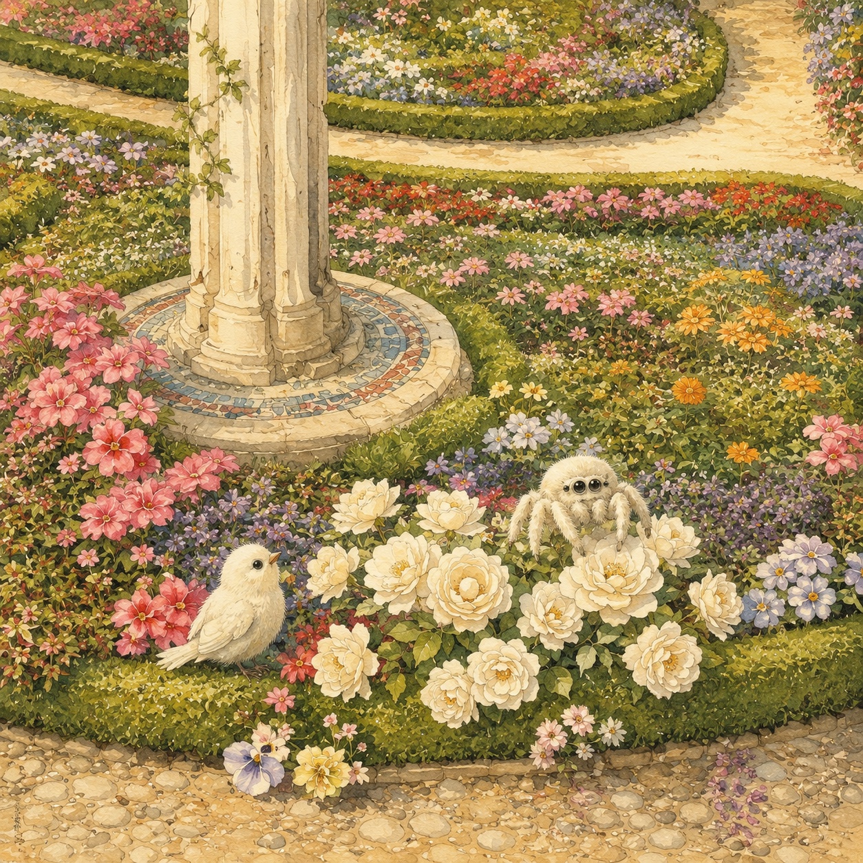 A white rose, bird, and egg in the garden